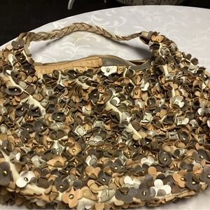 Elegant Floral Women's Shoulder Bag in Tan and Brown Leather